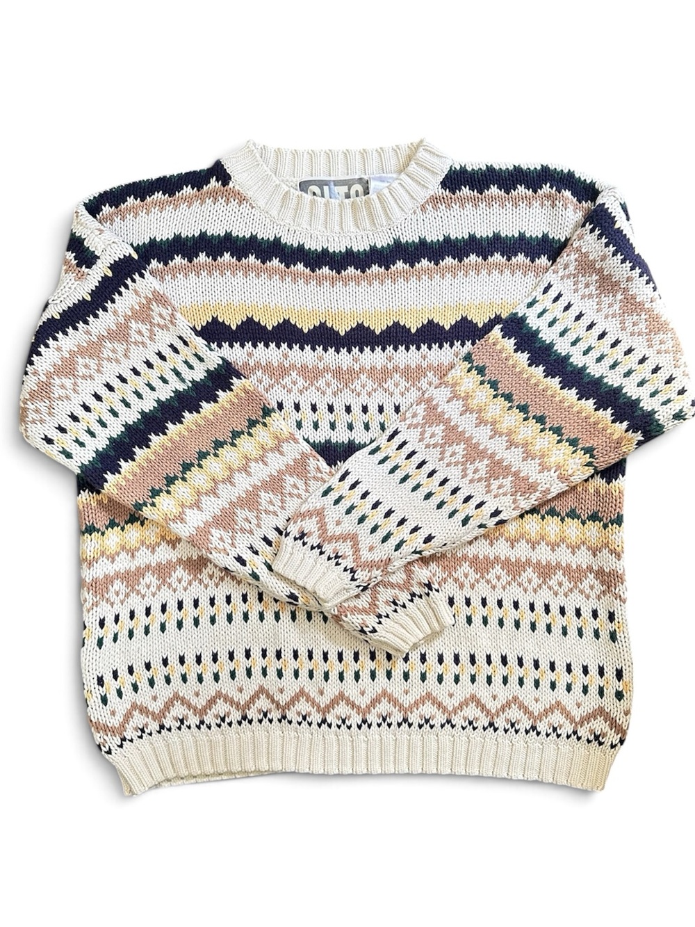 Vintage Cream Fair Isle Crewneck Sweater with Navy & Pastel Stripes